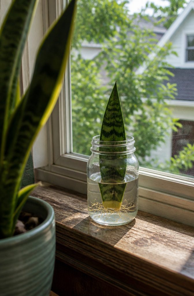 Snake plant leaf cuttings standing in a clear glass jar of water
