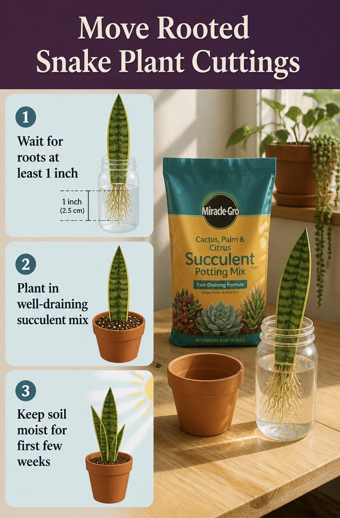 Rooted snake plant cuttings prepared for planting in soil