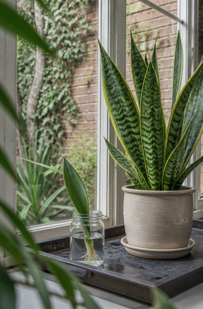 Green snake plant cutting in a jar beside a mature plant with pale stripes