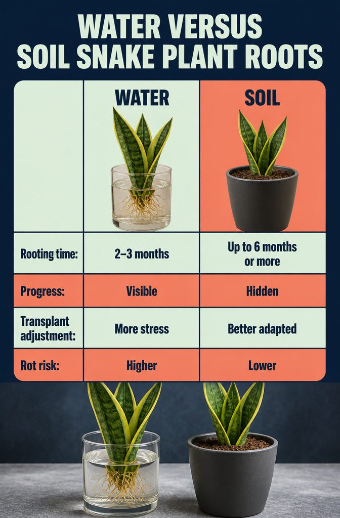 Snake plant roots beside water and soil rooting containers