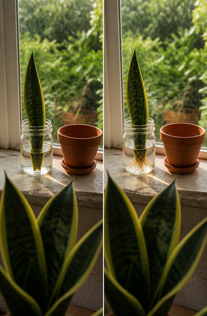 Snake plant cutting in a glass jar with roots visible in water