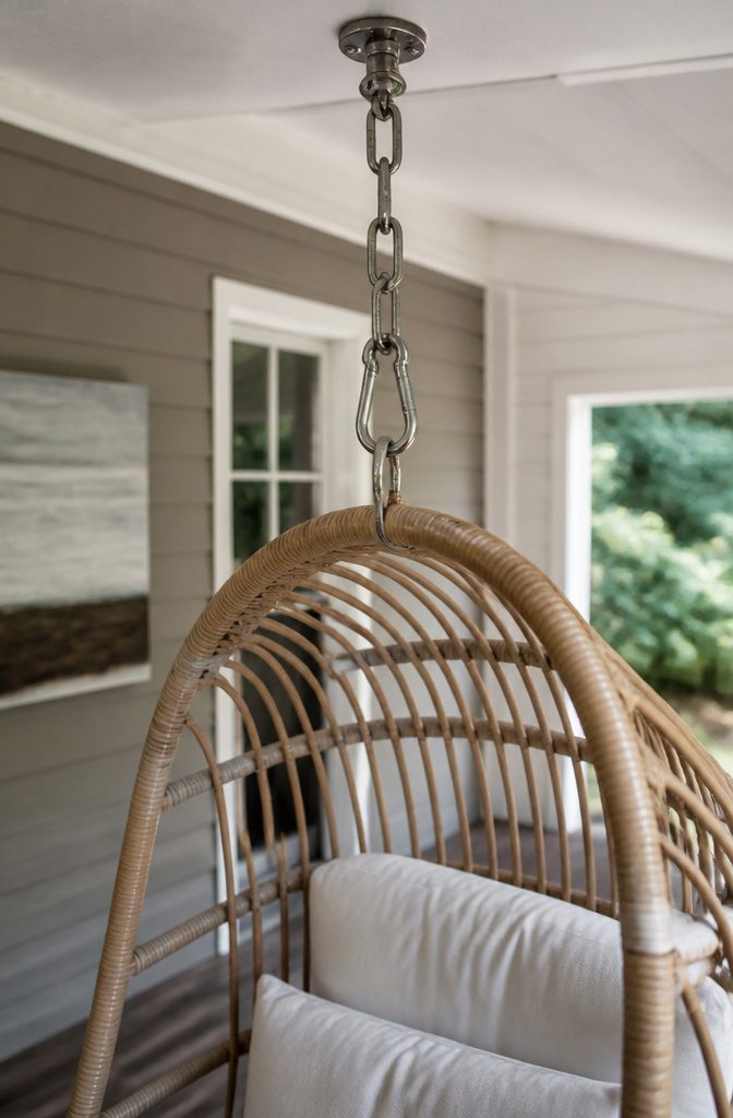 Locking carabiner connecting a metal chain to a chair suspension ring