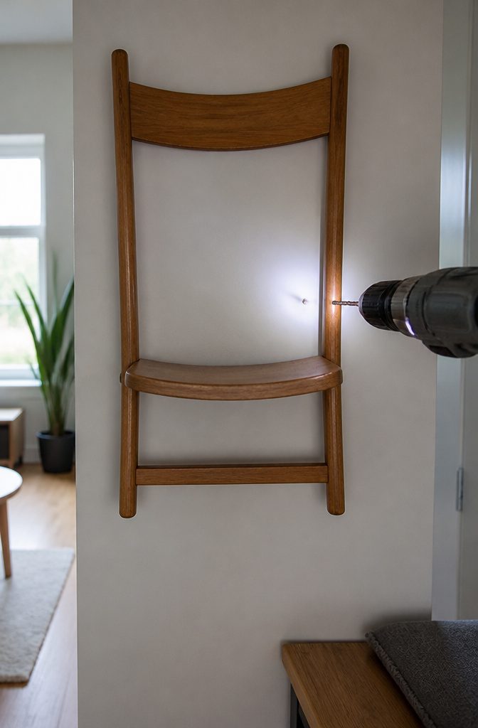 Drill bit entering a marked ceiling joist location