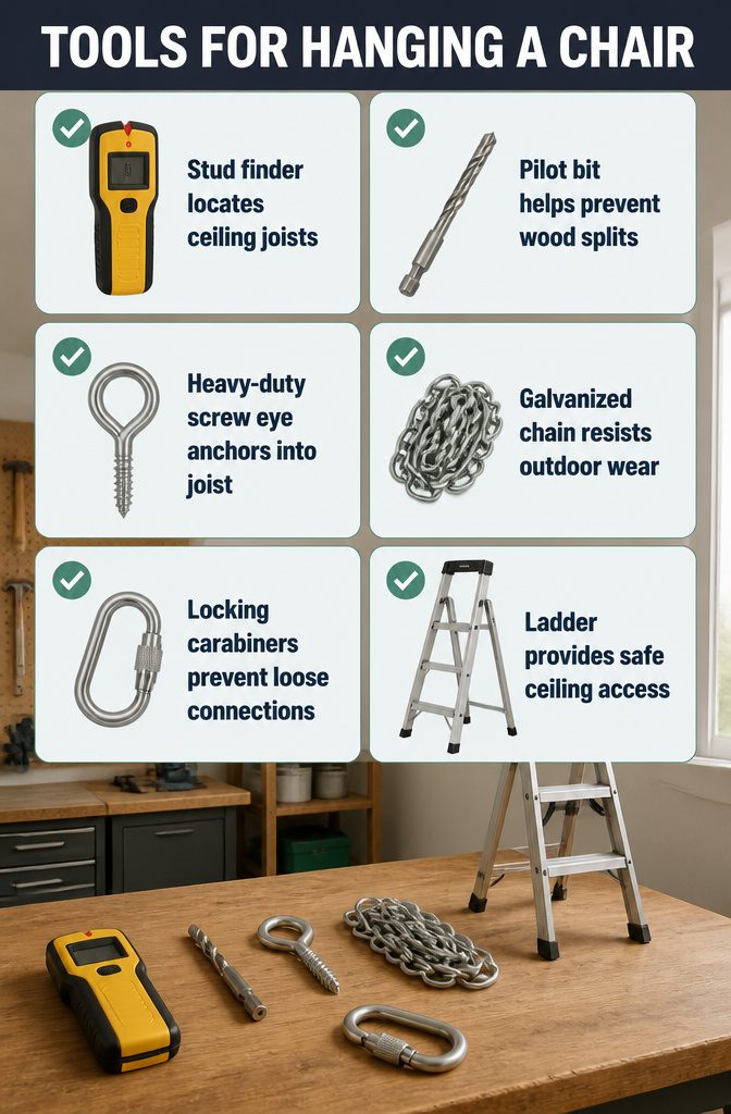 Stud finder drill screw eye chain carabiners and ladder arranged together