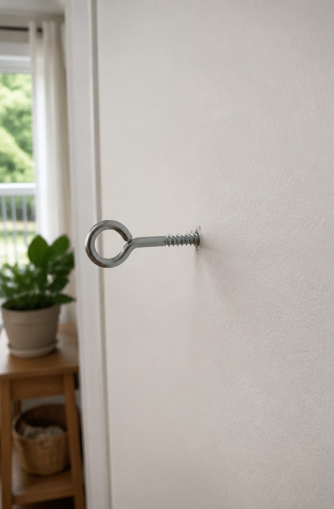 Pliers tightening a metal screw eye into a ceiling joist