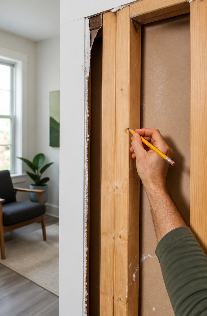 Pencil marks on ceiling drywall beside a stud finder