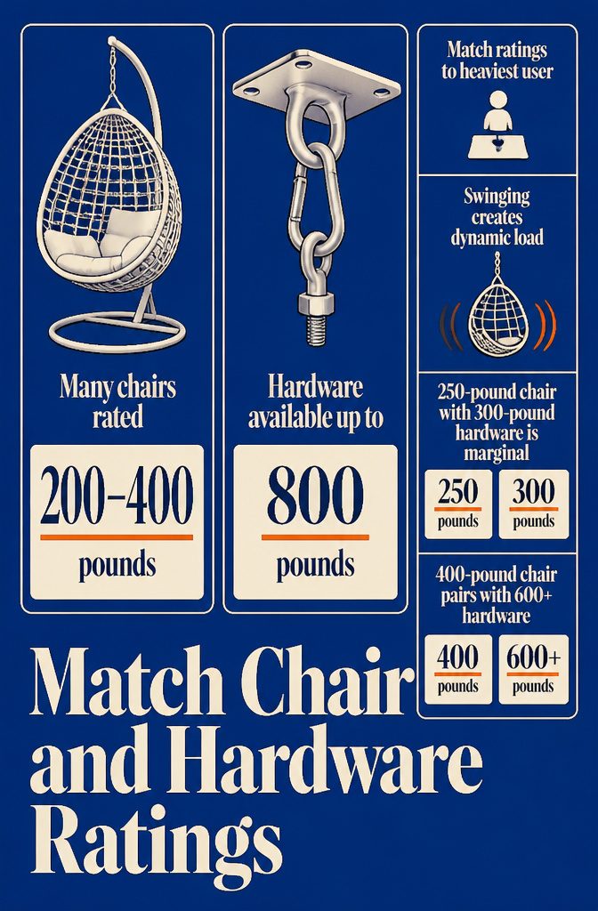 Hanging chair and hardware rating labels shown together