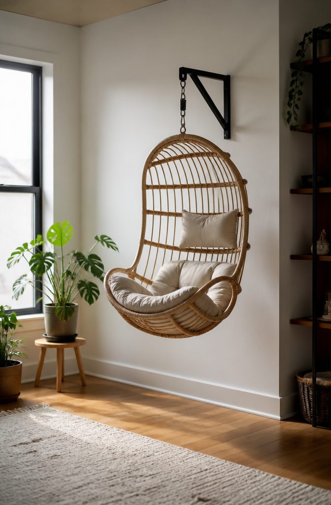 Tape measure stretched from floor toward ceiling beside a hanging chair