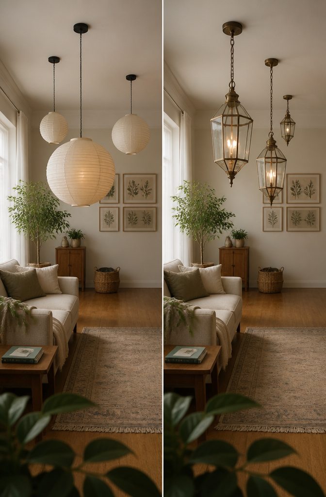 Lantern display with fixtures suspended at different heights