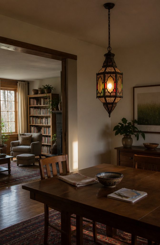 Decorative lantern shown in a room setting