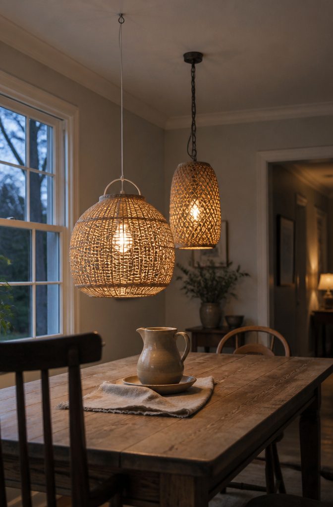 Lantern hanging from a ceiling hook by a thin line