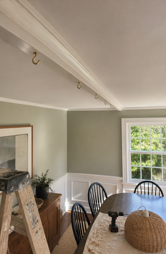 Cup hooks in ceiling moulding above a table with a wicker lantern