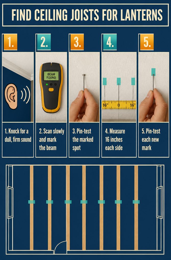 Ceiling joist information graphic with steps for locating a beam