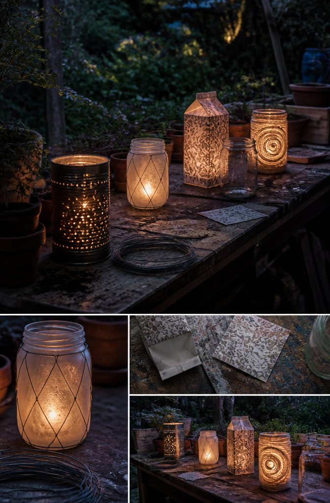 How to Make a Lantern: 7 Steps to a Paper Lantern at Home 11 Recycled jars cans cartons and bottles arranged with lantern craft supplies