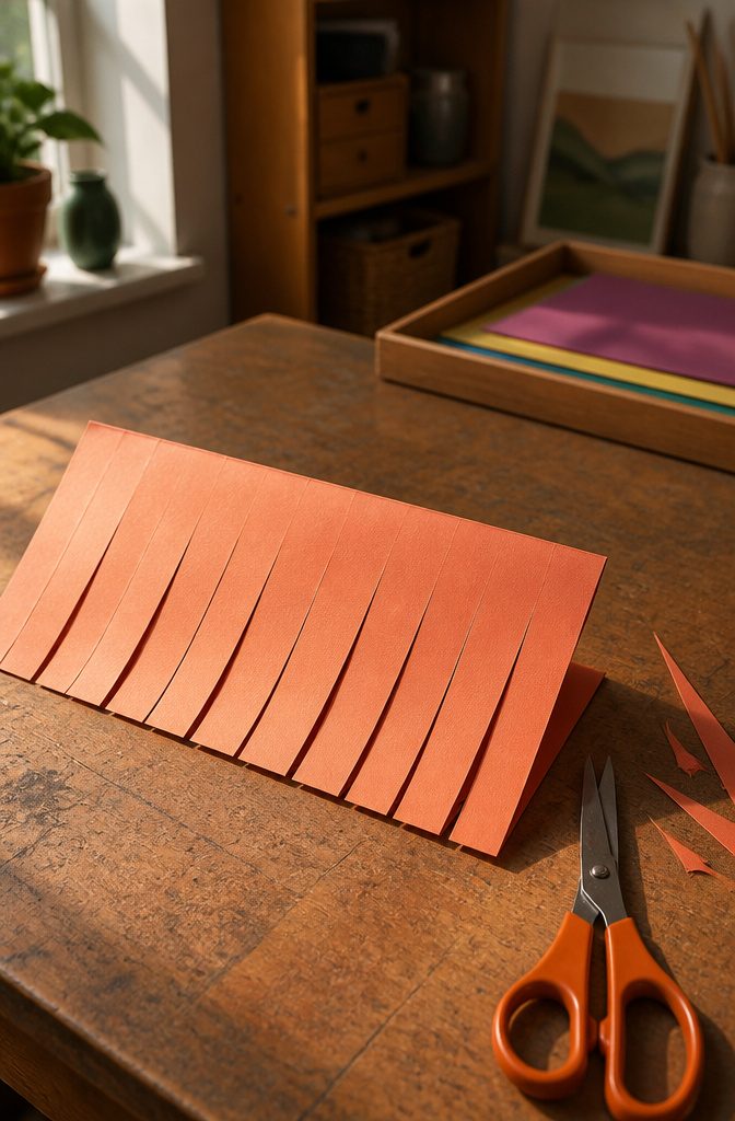 How to Make a Lantern: 7 Steps to a Paper Lantern at Home 4 Folded paper with straight fringe cuts and scissors on a scratched table