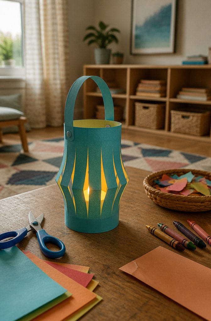 How to Make a Lantern: 7 Steps to a Paper Lantern at Home 12 Finished paper lantern with wide fringe and a glowing battery candle on a craft table