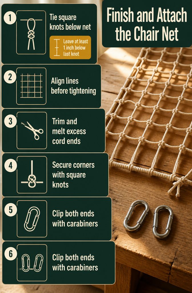 How to Make a Paracord Chair in 6 Steps 7 Paracord chair net attached to a bottom line with corner loops