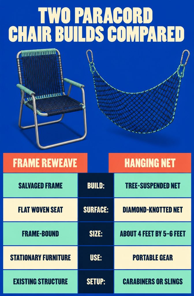 How to Make a Paracord Chair in 6 Steps 8 Woven metal lawn chair beside a diamond-knotted net chair