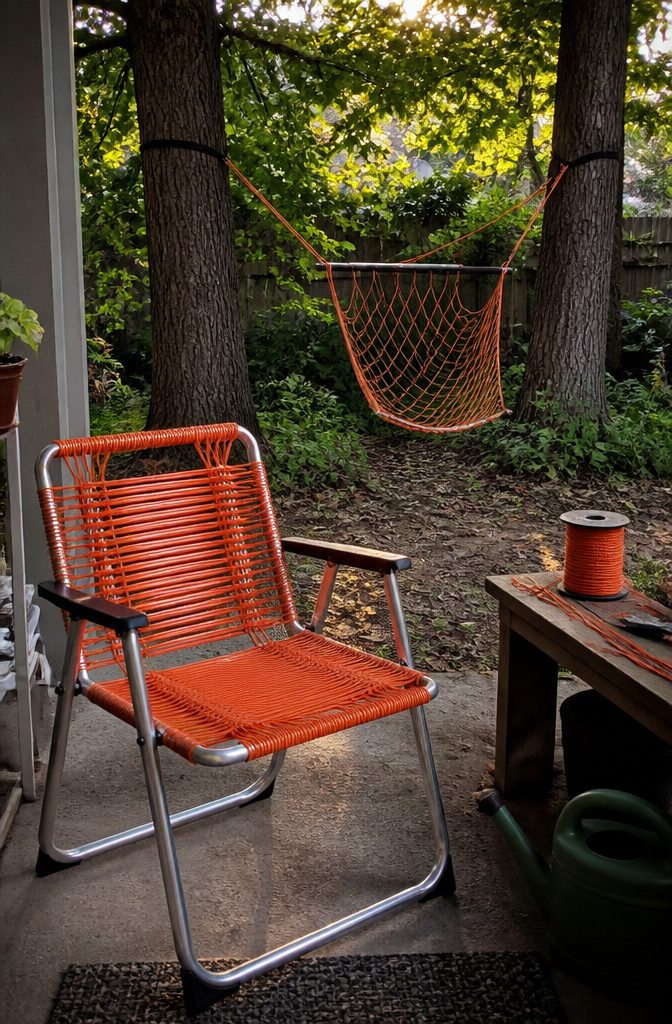 How to Make a Paracord Chair in 6 Steps 11 Hanging net chair between trees and woven lawn chair in a yard