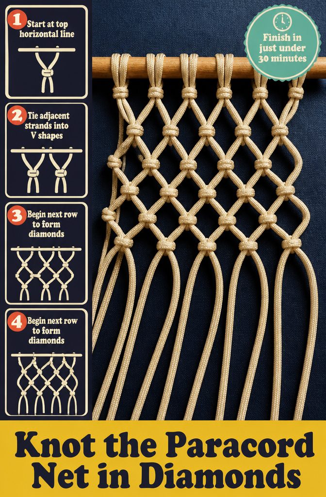 How to Make a Paracord Chair in 6 Steps 6 Paracord strands tied into a net with repeating diamond shapes