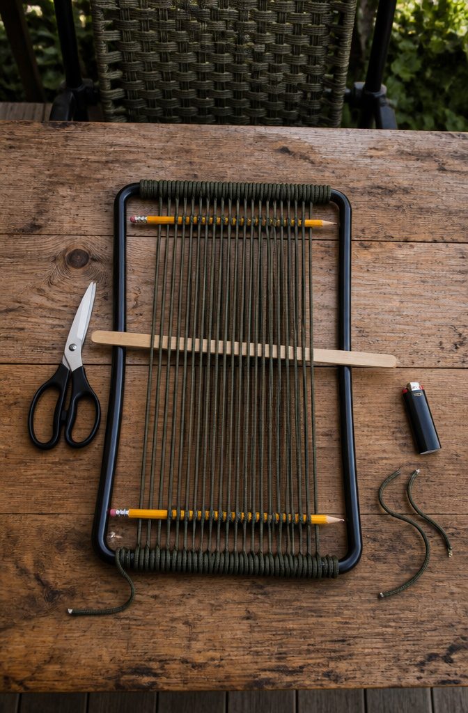 How to Make a Paracord Chair in 6 Steps 10 Scissors lighter pencils and flat wooden stick beside paracord