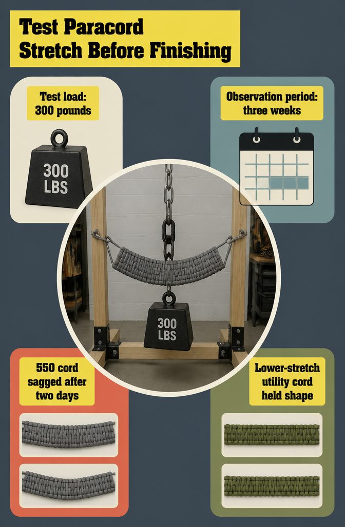 How to Make a Paracord Chair in 6 Steps 12 Paracord test weave suspended under weight for a stretch test