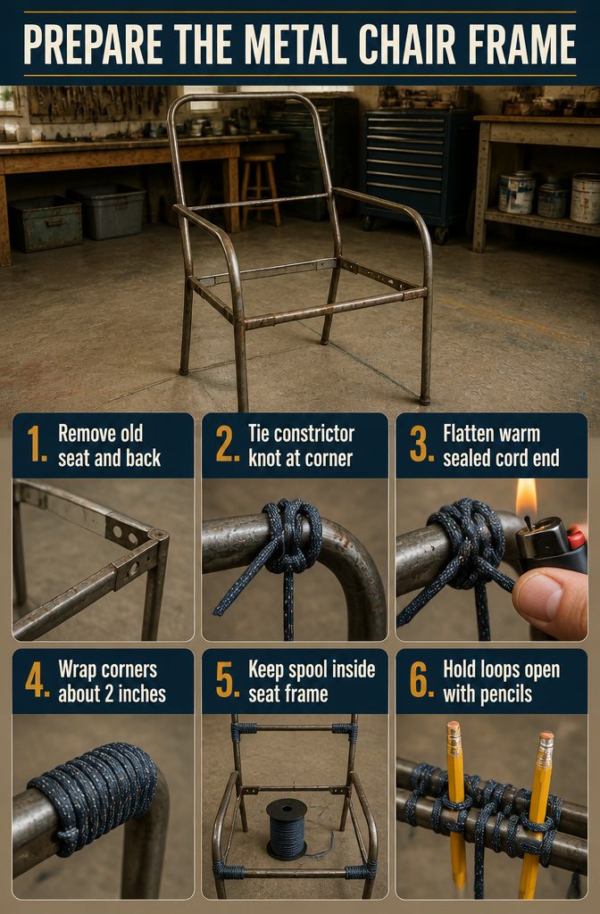 How to Make a Paracord Chair in 6 Steps 2 Stripped metal lawn chair frame with cord wrapped around its corners