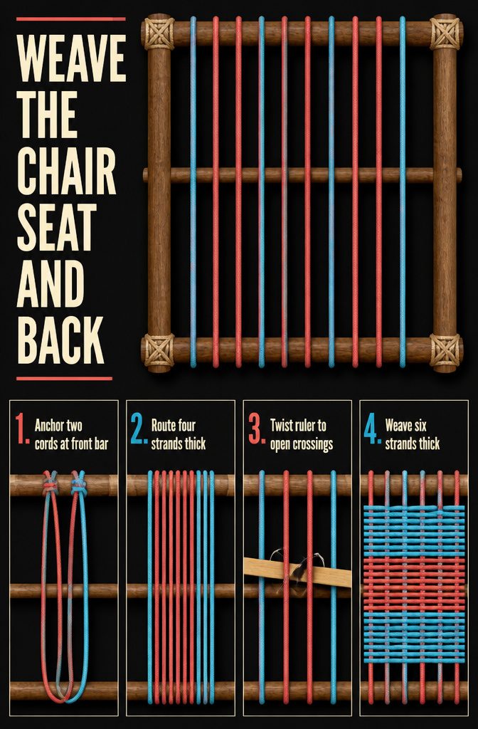 How to Make a Paracord Chair in 6 Steps 3 Metal chair frame with vertical and horizontal paracord rows crossing