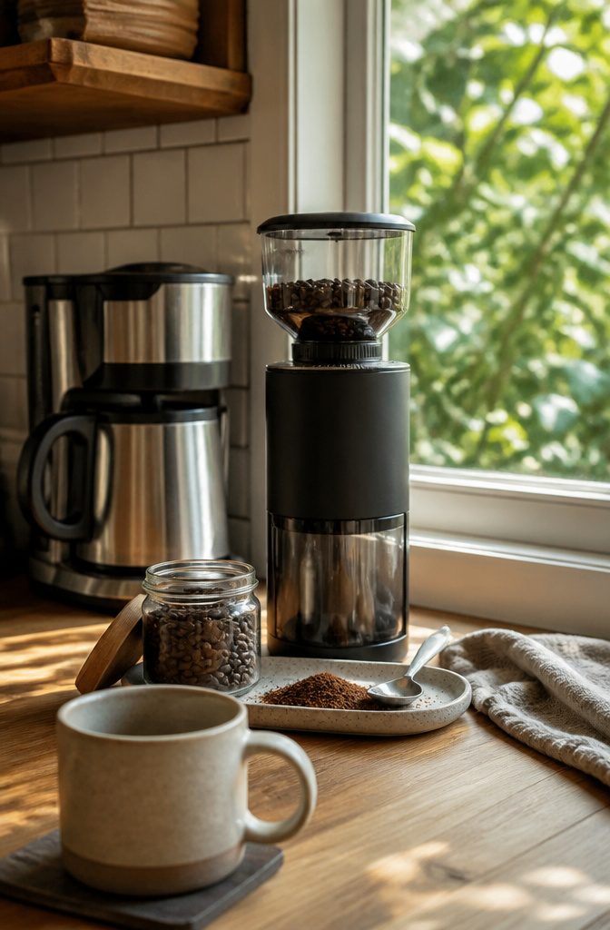 12 Ways to Make a Coffee Bar at Home 5 Conical burr grinder beside a coffee maker with whole beans in a glass jar