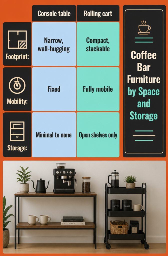 12 Ways to Make a Coffee Bar at Home 15 Coffee bar furniture options including a rolling cart console and sideboard