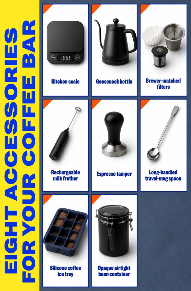 12 Ways to Make a Coffee Bar at Home 9 Coffee bar accessories including a kitchen scale kettle filters and milk frother