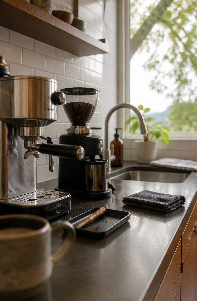 12 Ways to Make a Coffee Bar at Home 13 Clean coffee maker and grinder on a wiped counter with cloth and brush