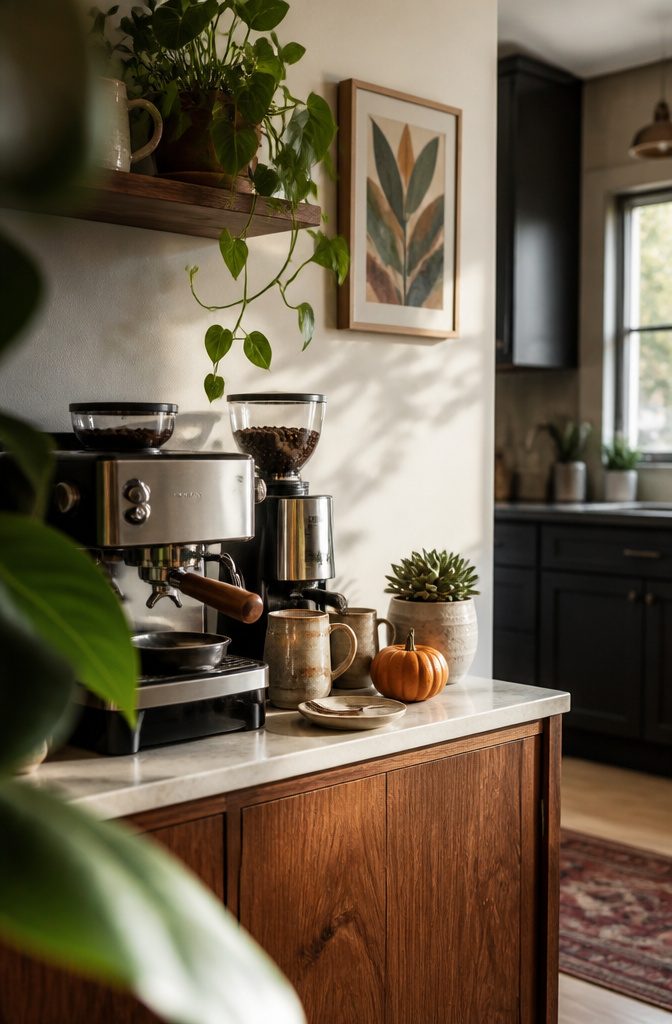 12 Ways to Make a Coffee Bar at Home 10 Coffee bar with a small plant and artwork beside the brewing equipment