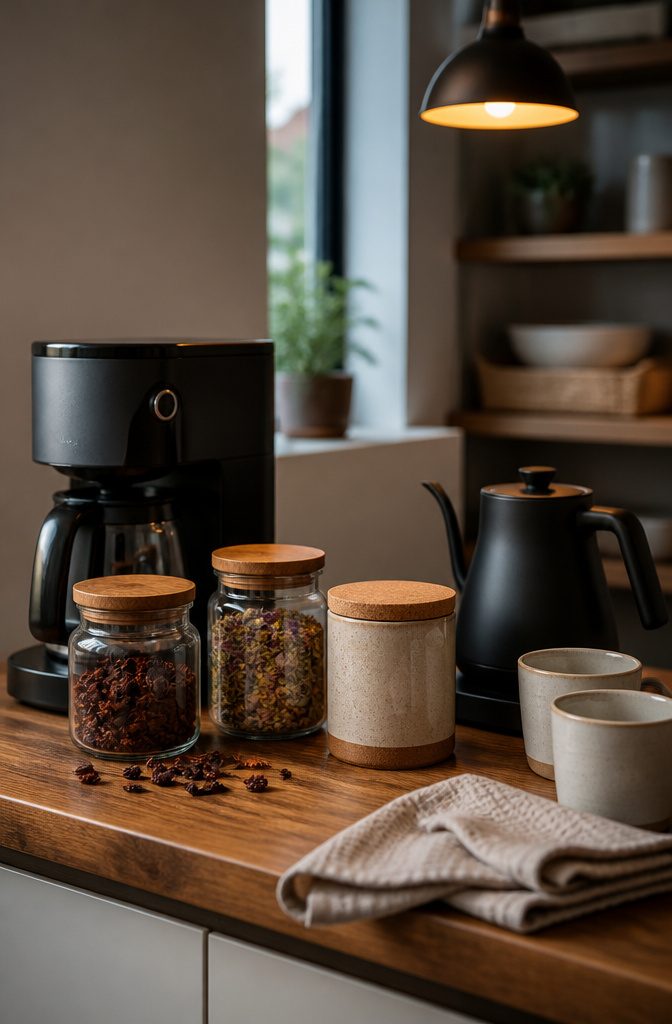 12 Ways to Make a Coffee Bar at Home 12 Coffee bar with tea varieties and hot chocolate stored beside coffee supplies