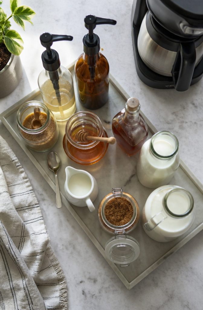 12 Ways to Make a Coffee Bar at Home 8 Coffee bar add-ins including sweeteners syrups and milk options arranged on a counter
