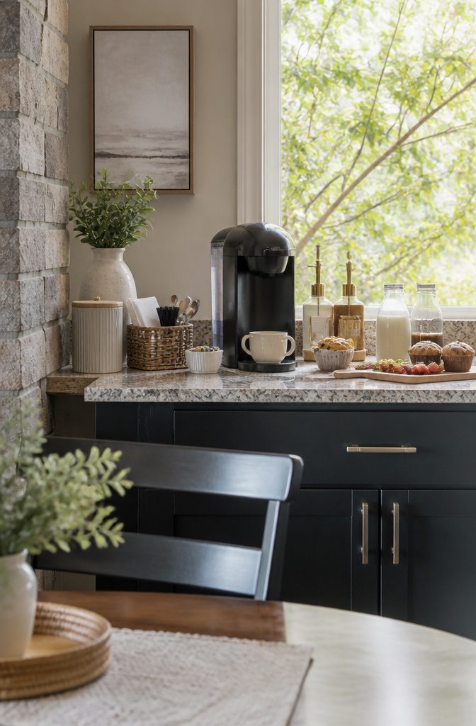 12 Ways to Make a Coffee Bar at Home 11 Self-serve coffee station with cups syrups sweeteners milk and mini muffins
