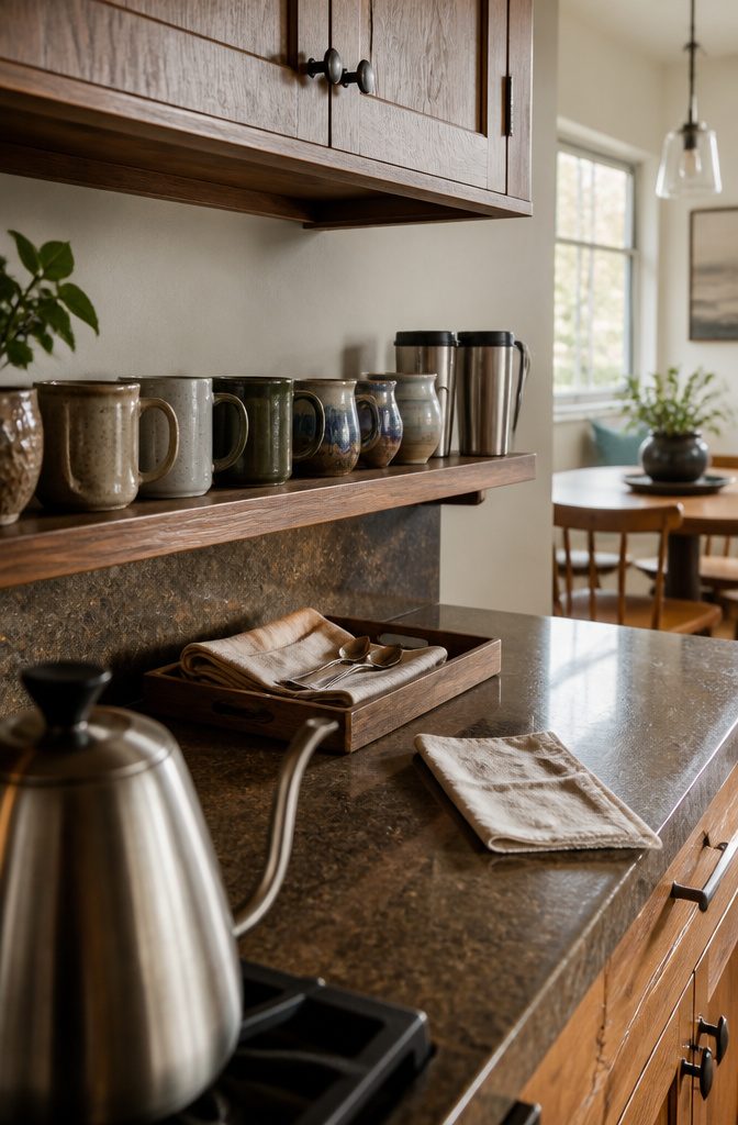 12 Ways to Make a Coffee Bar at Home 7 Ceramic mugs and insulated travel cups arranged on a kitchen coffee bar shelf