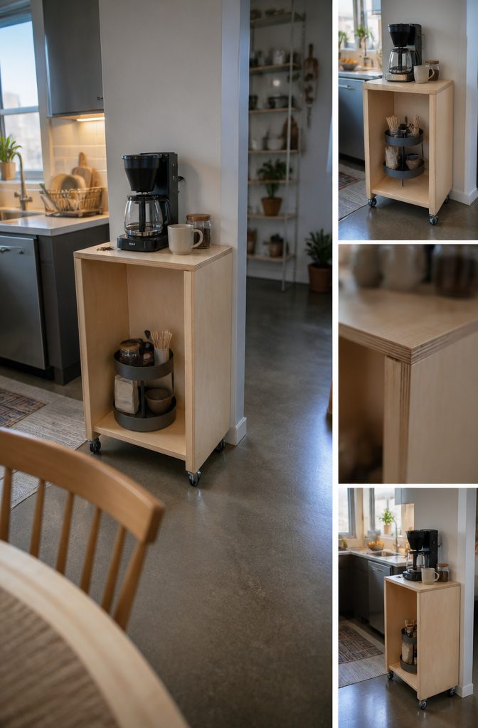 12 Ways to Make a Coffee Bar at Home 3 Rolling cart with coffee supplies arranged on shelves in a compact kitchen