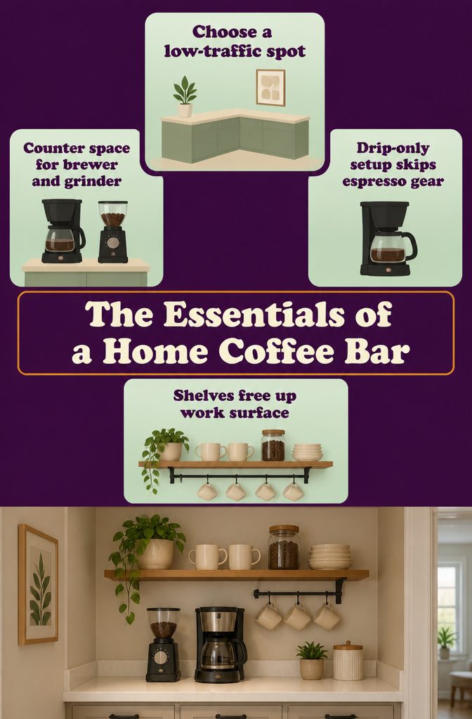 12 Ways to Make a Coffee Bar at Home 14 Home coffee bar essentials arranged together on a kitchen counter