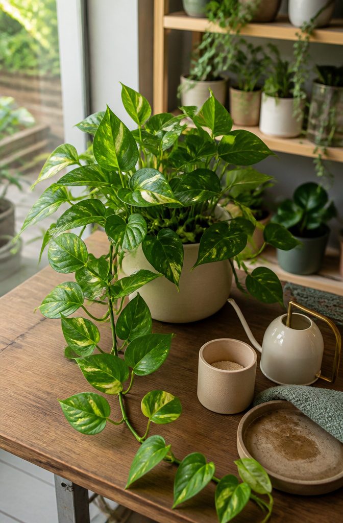 How to Make Pothos Bushier: 4 Ways to Get Fuller Growth 5 Leafy pothos in perlite-flecked soil beside a watering can and fertilizer container