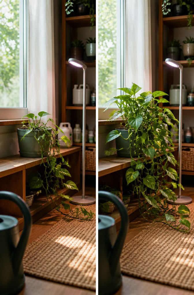 How to Make Pothos Bushier: 4 Ways to Get Fuller Growth 4 Pothos plant beside a bright window with light falling across its leaves