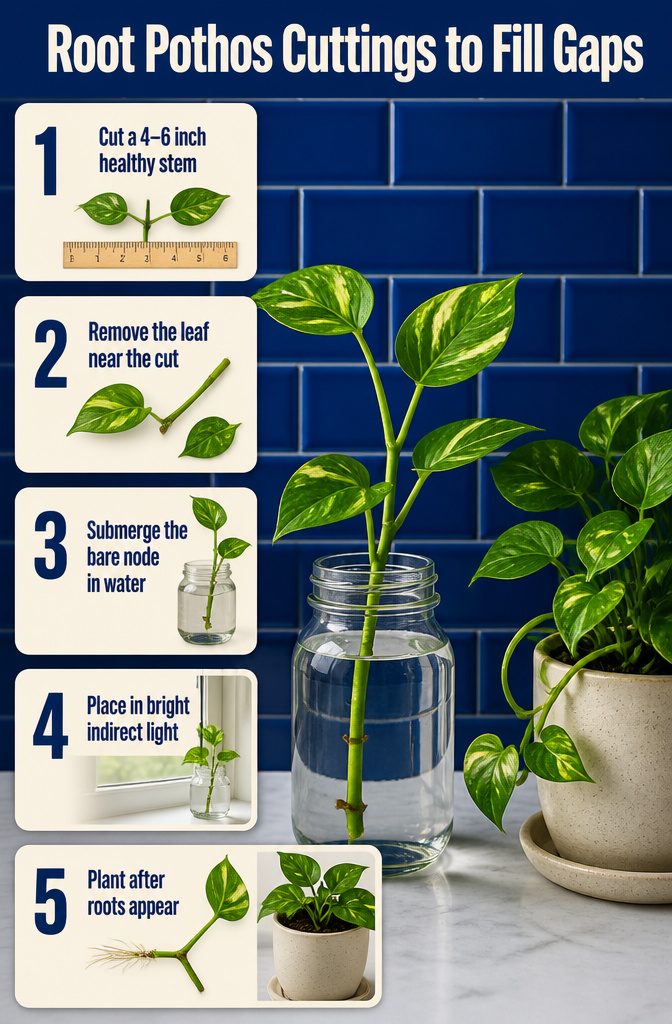 How to Make Pothos Bushier: 4 Ways to Get Fuller Growth 3 Pothos cuttings standing in a glass jar of water