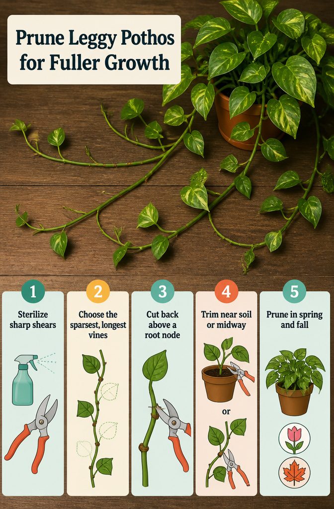 How to Make Pothos Bushier: 4 Ways to Get Fuller Growth 2 Pothos vine beside sharp gardening shears with sparse leaves along the stem