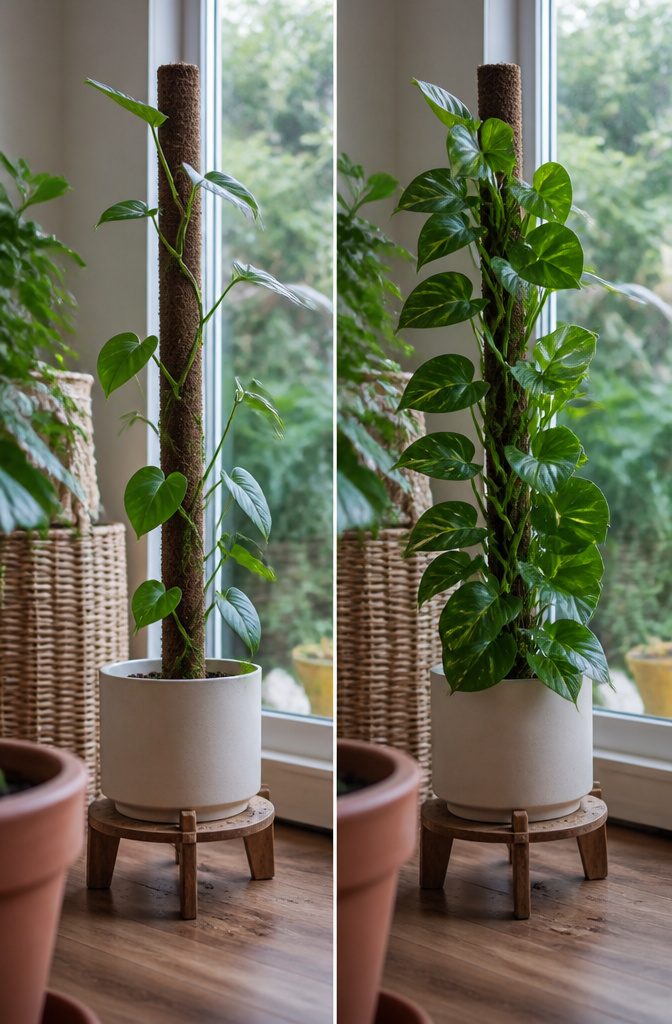 How to Make Pothos Bushier: 4 Ways to Get Fuller Growth 6 Pothos vines climbing a moss pole with large green leaves