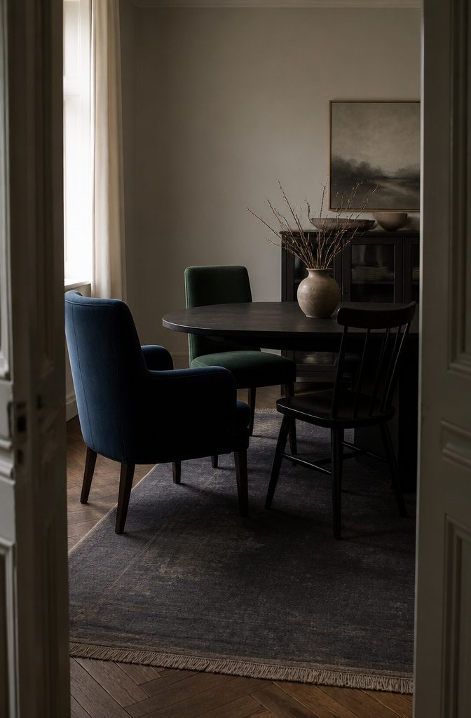 How to Mix Chair Colors: 7 Ideas That Work in Any Room 5 Navy velvet armchair forest green side chair and black wood dining chair
