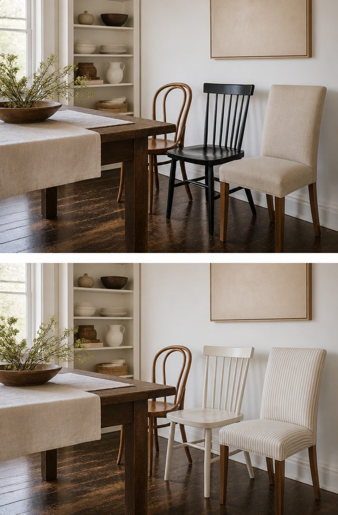 How to Mix Chair Colors: 7 Ideas That Work in Any Room 11 Dining chairs in varied styles with backs at similar heights around a table