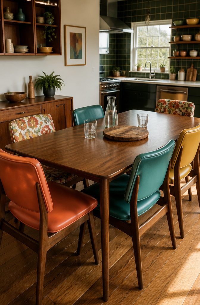 How to Mix Chair Colors: 7 Ideas That Work in Any Room 6 Walnut dining chairs upholstered in coral teal mustard and floral vinyl