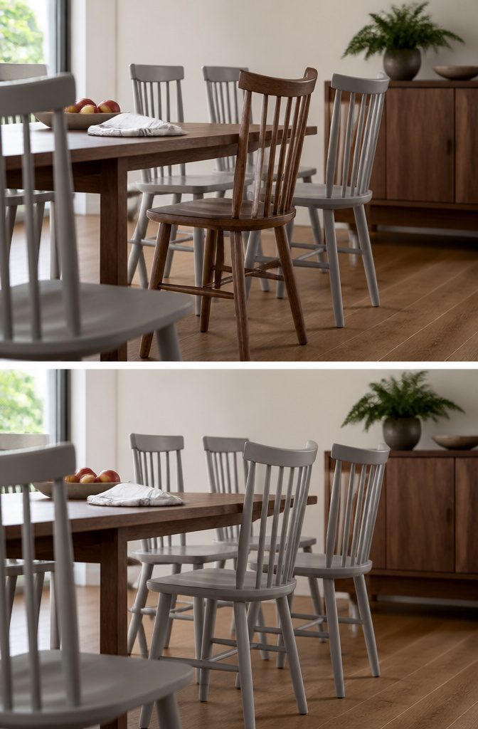 How to Mix Chair Colors: 7 Ideas That Work in Any Room 8 Four soft gray dining chairs and one walnut chair beside a matching table