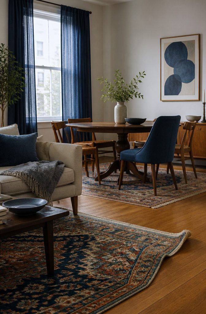 How to Mix Chair Colors: 7 Ideas That Work in Any Room 3 Navy dining chair beside a rug and curtains in matching blue