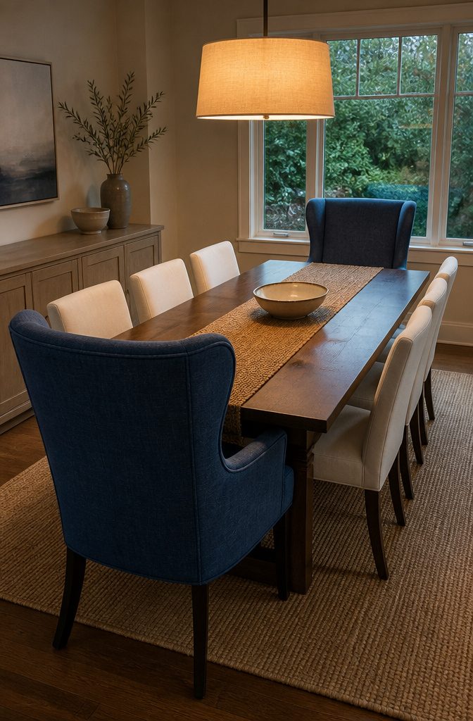 How to Mix Chair Colors: 7 Ideas That Work in Any Room 7 Blue wingback chairs at a dining table with white Parsons chairs along the sides